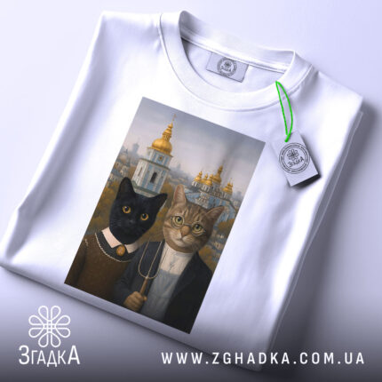 Футболка коти Київ, біла, складена на поверхні, фон світлий, принт з двома котами, на футболці є етикетка з зеленим шнурком.