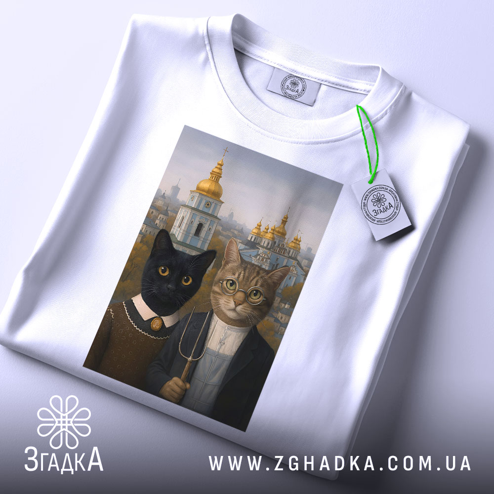 Футболка коти Київ, біла, складена на поверхні, фон світлий, принт з двома котами, на футболці є етикетка з зеленим шнурком.