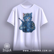 Футболка котик герой, біла футболка на вішалці з принтом кота в військовій формі, з автоматом, фон світлий, деталі принта яскраві, котик має різнокольорові очі.