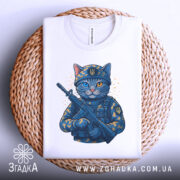 Футболка котик герой, складена біла футболка з принтом кота в військовій формі, з автоматом, фон світлий, футболка лежить на плетеній основі, деталі принта яскраві.