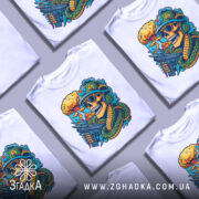 Футболка креатив бойовий, біла, зображена на манекені, фон світло-сірий, принт з черепом у військовій касці, з окулярами, з автоматом і змією, на фоні ядерного вибуху.