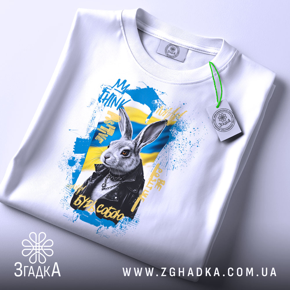 Футболка кролик будь собою. Біла футболка, зображена зверху, з принтом кролика в чорній куртці на жовто-блакитному фоні. На футболці є етикетка з зеленим шнурком.