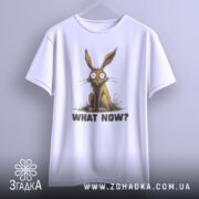 Футболка кролик карикатура, біла, зображена з бокового ракурсу, на світлому фоні, принт з кроликом, що сидить на траві, з текстом 'WHAT NOW?' під ним.