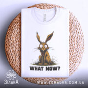 Футболка кролик карикатура, біла, зображена зверху на плетеній основі, на світлому фоні, принт з кроликом, що сидить, з текстом 'WHAT NOW?' під ним.