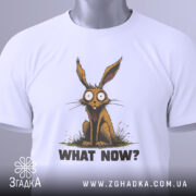 Футболка кролик карикатура, біла, зображена з верхнього ракурсу, на світлому фоні, принт з кроликом, що сидить, з текстом 'WHAT NOW?' та етикеткою на рукаві.