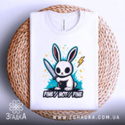 Футболка кролик з ножем, біла, складена на плетеній основі, фон світлий, принт з кроликом з ножем, яскраві кольорові сплески та напис 'FINE//NOT//FINE'.