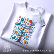 Футболка квіткове дерево, біла, складена на столі, фон світлий, принт з кольоровим деревом, птахами та квітами, з етикеткою на зеленому шнурку.