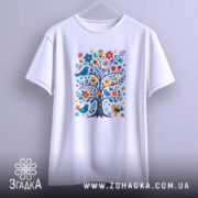 Футболка квіткове дерево, біла, підвішена на вішалці, фон світло-сірий, принт з кольоровим деревом, птахами та квітами.