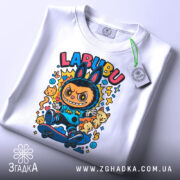 Футболка Labubu білого кольору, розкладена на поверхні, з яскравим принтом персонажа на скейтборді, з тегом, що звисає, фон світло-сірий.