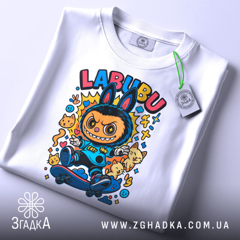 Футболка Labubu білого кольору, розкладена на поверхні, з яскравим принтом персонажа на скейтборді, з тегом, що звисає, фон світло-сірий.
