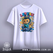 Футболка Labubu білого кольору, підвішена на вішалці, з принтом персонажа на скейтборді, фон світло-сірий.