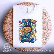 Футболка Labubu білого кольору, складена на плетеній основі, з яскравим принтом персонажа на скейтборді, фон білий.