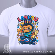 Футболка Labubu білого кольору, розкладена на поверхні, з яскравим принтом персонажа на скейтборді, з тегом, що звисає, фон світло-сірий.