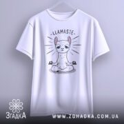 Футболка лама Бердичів, біла, підвішена на вішалці, фон світло-сірий, принт з лами в позі медитації з написом 'LLAMASTE'.