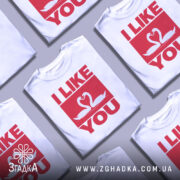 Футболка лебеді кохання, біла, зображена з фронтального ракурсу, на фоні світло-сірого градієнту, принт червоного кольору з написом 'I LIKE YOU' та двома лебедями, що з'єднують свої голови.