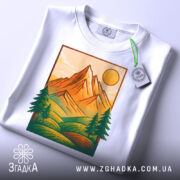 Футболка ліс і гори, біла, зображена зверху, фон світлий, принт з горами, сонцем та деревами, з етикеткою на шнурку.