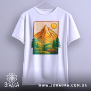 Футболка ліс і гори, біла, зображена з фронтального ракурсу, фон світло-сірий, принт з горами, сонцем та деревами в зелених і жовтих тонах.