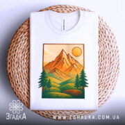 Футболка ліс і гори, біла, зображена зверху на плетеній основі, фон світлий, принт з горами, сонцем та деревами, без етикетки.