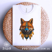 Футболка лис воїн білого кольору, складена на плетеній основі, ракурс зверху, фон світло-сірий, принт з лисом у національних кольорах, деталі принта добре проглядаються.