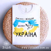 Футболка моя хата всюди, біла футболка, складена на плетеній основі, фон світлий, принт з картою України, жовто-блакитні кольори, напис '603.548км²' та малюнок голуба.