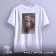 Футболка мокрий кіт, біла, зображення мокрого кота з великими очима на принті, ракурс спереду, підвішена на вішалці, фон нейтральний, простий.