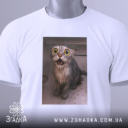 Футболка мокрий кіт, біла, зображення мокрого кота з великими очима на принті, ракурс зверху, футболка складена, фон світлий, присутня етикетка з зеленим шнурком.