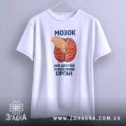 Футболка мозок другий орган. Біла футболка, підвішена на вішалці, з принтом червоного мозку та рукою, що вказує на нього. Фон світло-сірий, зображення з фронтального ракурсу. Текст на футболці чорного кольору.