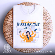 Футболка найкращий бухгалтер, біла, складена на плетеній кошику, фон світлий, принт з жінкою в жовтій блузці, яка тримає документи та гаджети.