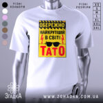 Футболка найкрутіший тато, біла, зображена на манекені, фон світло-сірий, принт жовтий з чорними і червоними елементами, текст з попередженням і написом 'ТАТО'.
