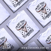 Футболка не токсичний, біла, зображена зверху, складена разом з іншими футболками, фон світло-сірий, принт з черепом з рогами та текстом 'I'M NOT TOXIC YOU'RE JUST FLAMMABLE' у чорному та червоному кольорах, кілька футболок розташовані під різними кутами.