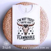 Футболка не токсичний, біла, зображена з фронтального ракурсу на манекені, фон світло-сірий, принт з черепом з рогами та текстом 'I'M NOT TOXIC YOU'RE JUST FLAMMABLE' у чорному та червоному кольорах, зірки навколо принта.