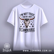 Футболка не токсичний, біла, зображена зверху, складена, фон світло-сірий, принт з черепом з рогами та текстом 'I'M NOT TOXIC YOU'RE JUST FLAMMABLE' у чорному та червоному кольорах, на ярлику зелена стрічка.