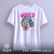 Футболка неон Ейнштейн, біла, підвішена на вішалці, фон світло-сірий, принт з обличчям Ейнштейна з блакитним волоссям, текст "LET ME PASS INTO YOUR WORLD" яскравих кольорів.