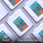 Футболка неземний вайб, біла, зображена на манекені, фон світло-сірий, принт з інопланетянином, що робить селфі на фоні веселки і міста.