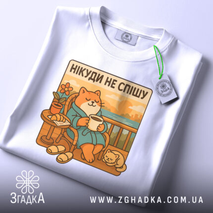Футболка нікуди не спішу, білого кольору, складена на столі, фон світло-сірий, принт з котом у халаті, що сидить на балконі з чашкою в руках, поряд з ним маленьке котеня, на футболці є етикетка.