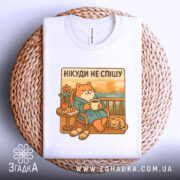 Футболка нікуди не спішу, білого кольору, складена на плетеному кошику, фон світло-сірий, принт з котом у халаті, що сидить на балконі з чашкою в руках, поряд з ним маленьке котеня.