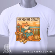 Футболка нікуди не спішу, білого кольору, складена на столі, фон світло-сірий, принт з котом у халаті, що сидить на балконі з чашкою в руках, поряд з ним маленьке котеня, на футболці є етикетка.