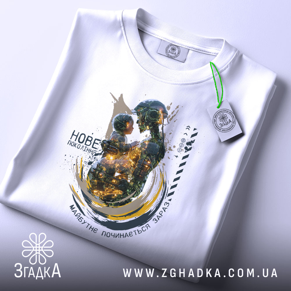 Футболка нове покоління, білого кольору, зображена зверху, на ній є етикетка, фон світлий, принт зображає роботизовану фігуру, що тримає дитину, з яскравими кольорами та абстрактними елементами.