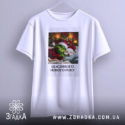 Футболка новорічний грінч білого кольору, підвішена на вішалці, фон світлий, принт з грінчем і собакою в новорічних шапках, текст "Щасливого Нового Року" під малюнком.