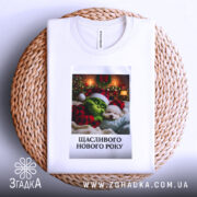 Футболка новорічний грінч білого кольору, складена на плетеній кошику, фон світлий, принт з грінчем і собакою в новорічних шапках, текст "Щасливого Нового Року" під малюнком.