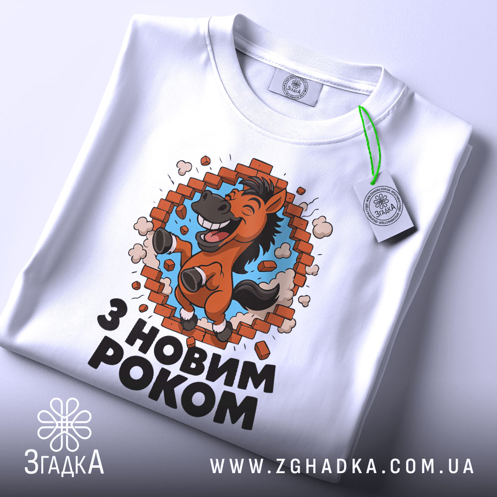 Футболка новорічний кінь, біла, складена на поверхні, фон світло-сірий, принт з кінем, що стрибає через цегляну стіну, текст "З НОВИМ РОКОМ" під принтом, на комірці є етикетка.