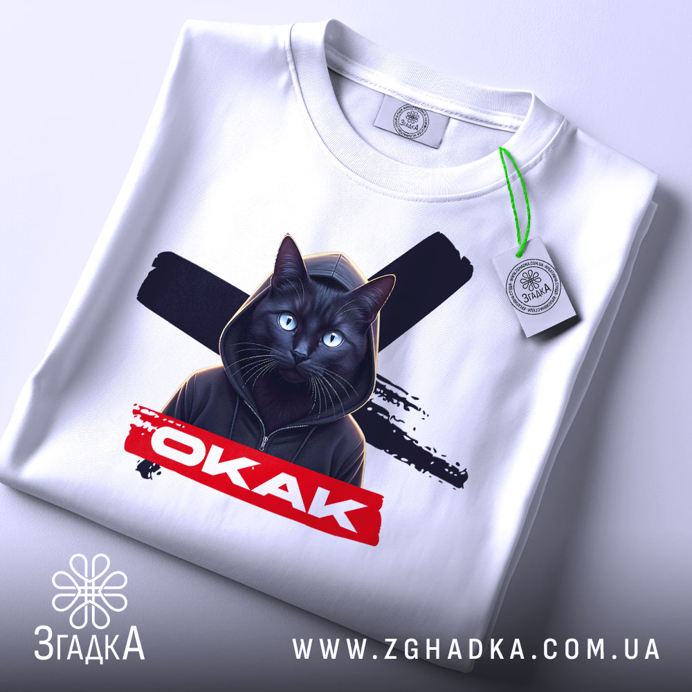 Футболка окак мем подарунок, складена біла футболка з принтом чорного кота в капюшоні, на фоні світло-сірого кольору, з етикеткою зеленого кольору.