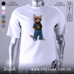 Футболка патріотичний кіт, біла, зображена з фронтального ракурсу, на фоні світло-сірого градієнту, принт з котом у темній футболці з жовтим гербом України та синіх штанах, в темних окулярах і золотому ланцюгу.