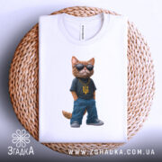 Футболка патріотичний кіт, біла, зображена зверху на плетеній кошику, на фоні світло-сірого градієнту, принт з котом у темній футболці з жовтим гербом України та синіх штанах, в темних окулярах і золотому ланцюгу.