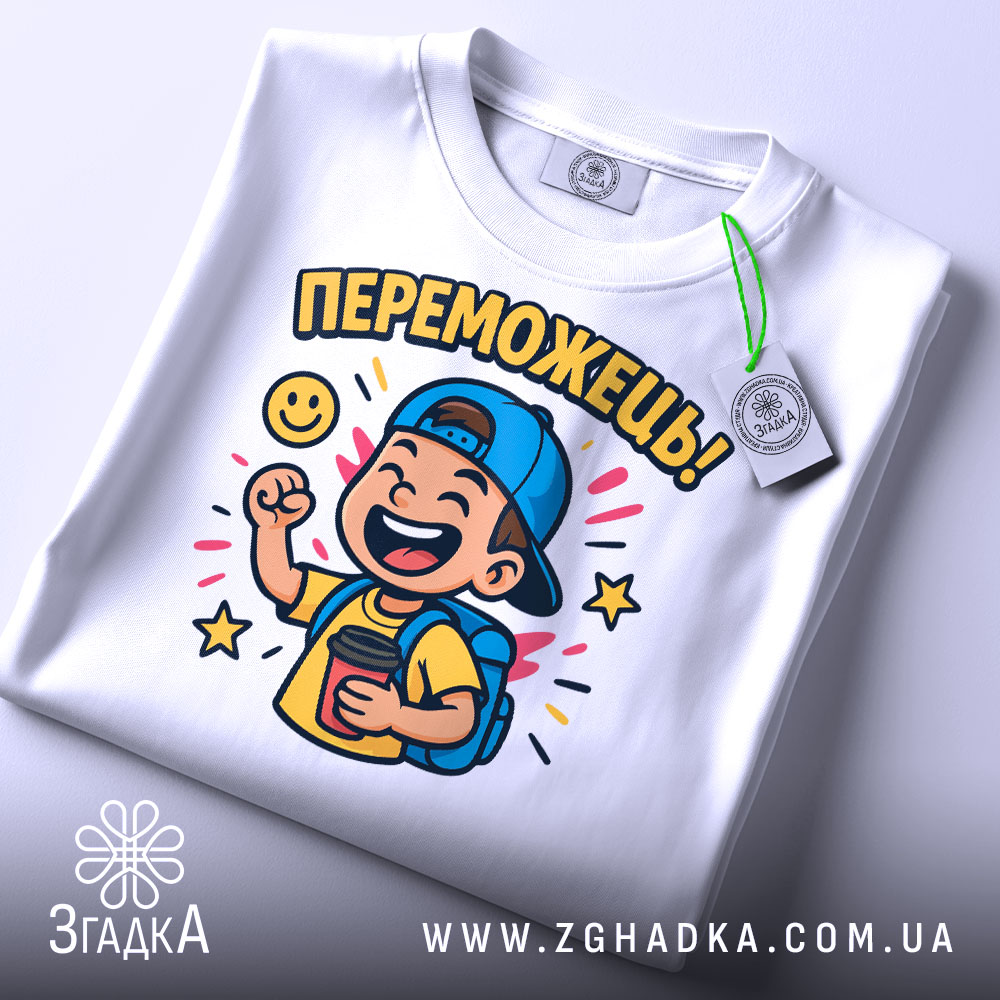 Футболка переможець для дітей. Біла футболка, складена на столі, з яскравим принтом хлопчика у кепці, що тримає чашку. Принт оточений зірочками та написом 'ПЕРЕМОЖЕШЬ!'. На футболці є етикетка з зеленим шнурком.