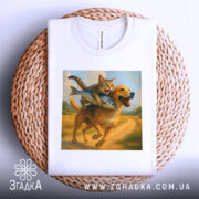 Футболка пес кота везе, біла футболка на плетеній основі, зображення кота на спині собаки з рибою, фон - світлий, деталі принта яскраві, видно етикетку на горловині.