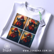 Футболка півень зухвалий, біла, зображена зверху, на фоні світло-сірого кольору, принт з чотирьох зображень півня в окулярах, з яскравими червоними гребінцем, з етикеткою зеленого кольору.