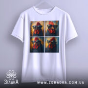 Футболка півень зухвалий, біла, зображена з фронтального ракурсу, на фоні світло-сірого кольору, принт містить чотири зображення півня в окулярах, з яскравими червоними гребінцем.