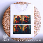 Футболка півень зухвалий, біла, зображена зверху на плетеній основі, фон світло-сірий, принт складається з чотирьох зображень півня в окулярах, з яскравими червоними гребінцем.