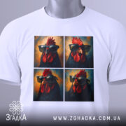 Футболка півень зухвалий, біла, зображена зверху, на фоні світло-сірого кольору, принт з чотирьох зображень півня в окулярах, з яскравими червоними гребінцем, з етикеткою зеленого кольору.